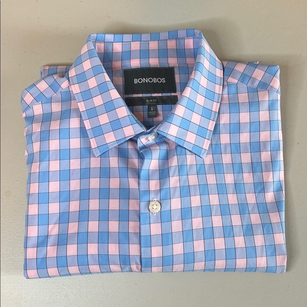 Bonobos Slim Fit Long Sleeve Button Down Shirt Pink/Blue Plaid Size Small
